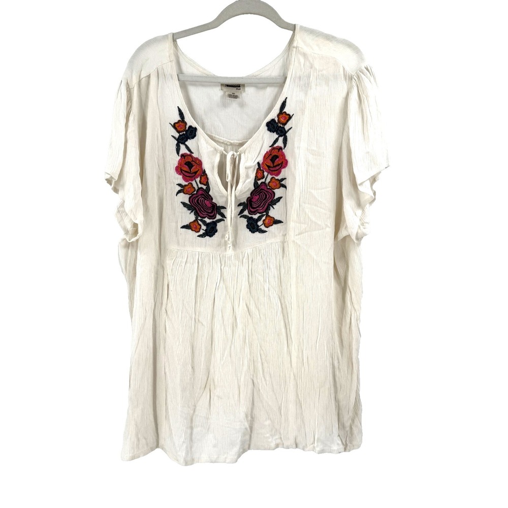 Passport Plus Boho Floral Embroidered‎ Peasant Tunic Top Women's 3X White Gauzy